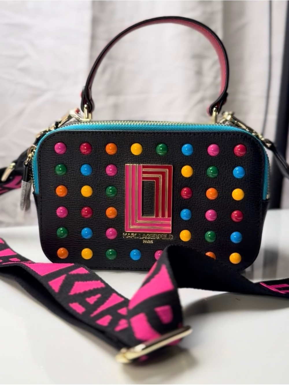 Karl Lagerfeld Paris Genuine Leather Simone Studded Top Handle Crossbody Bag